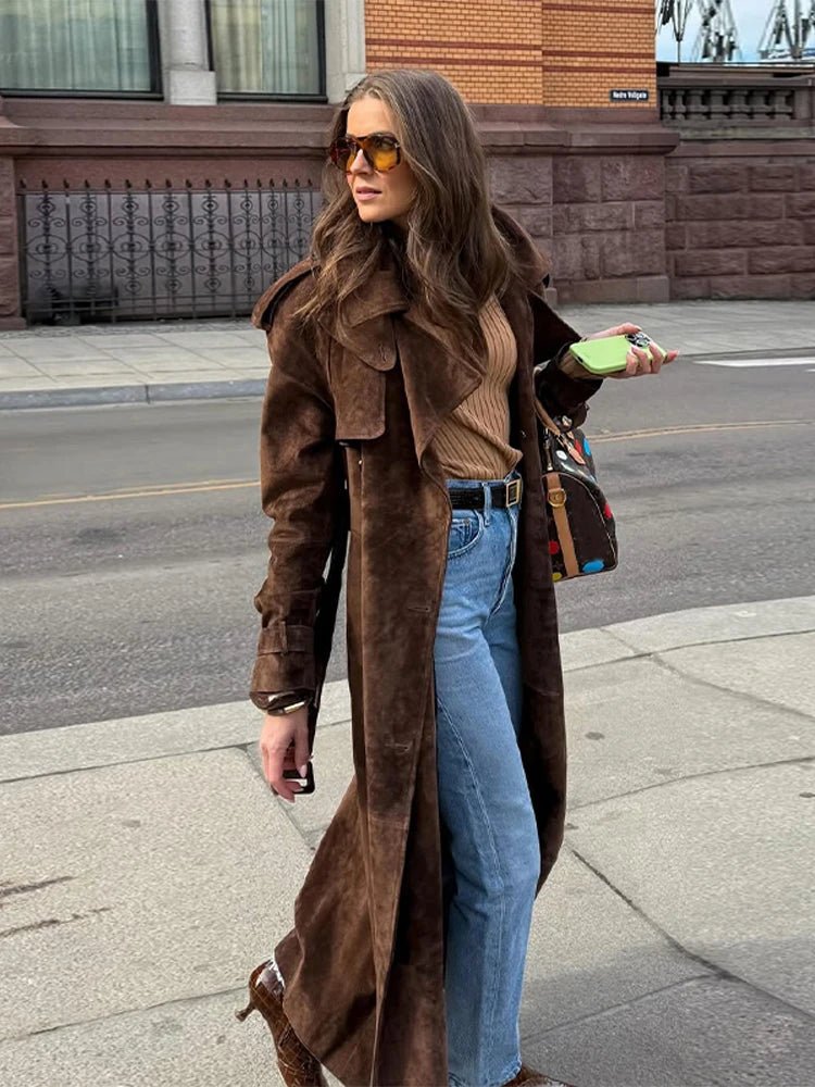 Overcoat – Long Suede, Single Breasted Lapel – Autumn High Street Style - SN Wigs & More