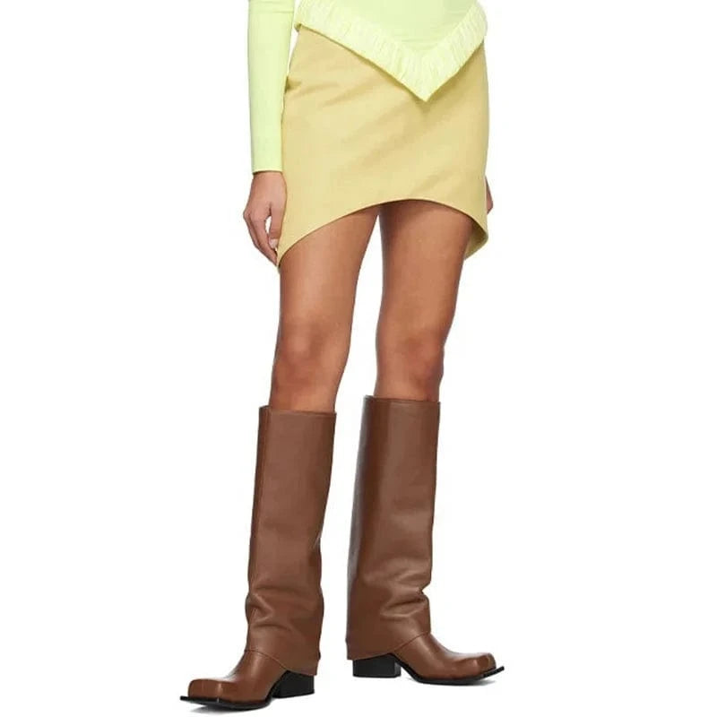 Overlay Wide Leg Fit Shoes Women's Classic Chunky Heels Knee High Boots Square Toe Slip on Long Booties Women Pants Booty