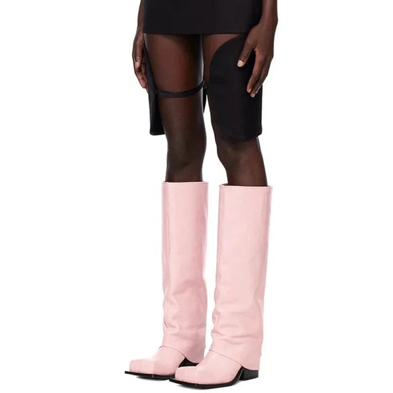 Overlay Wide Leg Fit Shoes Women's Classic Chunky Heels Knee High Boots Square Toe Slip on Long Booties Women Pants Booty