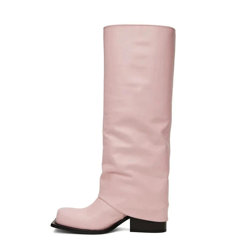 Overlay Wide Leg Fit Shoes Women's Classic Chunky Heels Knee High Boots Square Toe Slip on Long Booties Women Pants Booty