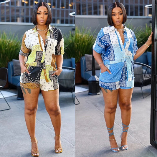 Paisley Outfit Women Sets Fashion Bandana Printed Short Sleeve Shirt and Shorts Suit 2025 Summer Holiday Casual 2 Two Piece Sets