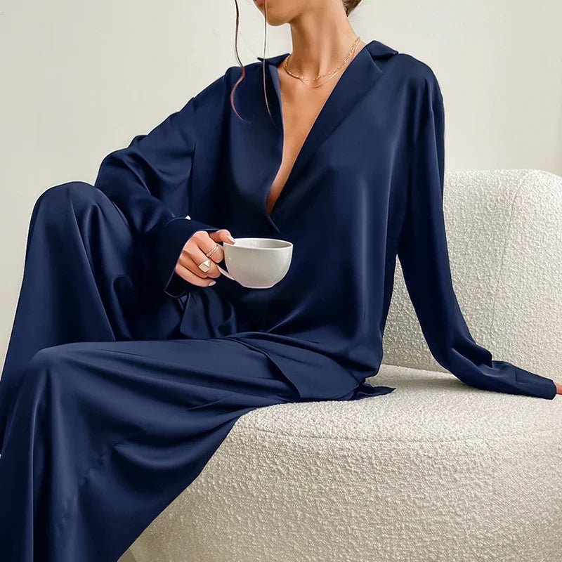 Pajama Set Satin Look Two Piece Long Sleeve Full Length Casual Homewear For Women - SN Wigs & More