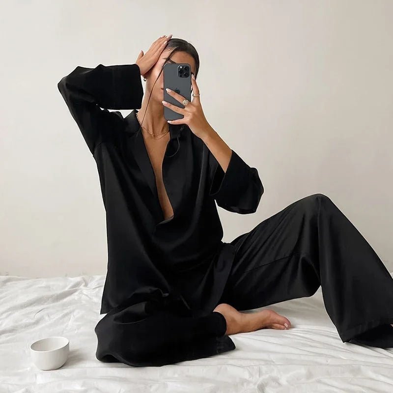 Pajama Set Satin Look Two Piece Long Sleeve Full Length Casual Homewear For Women - SN Wigs & More