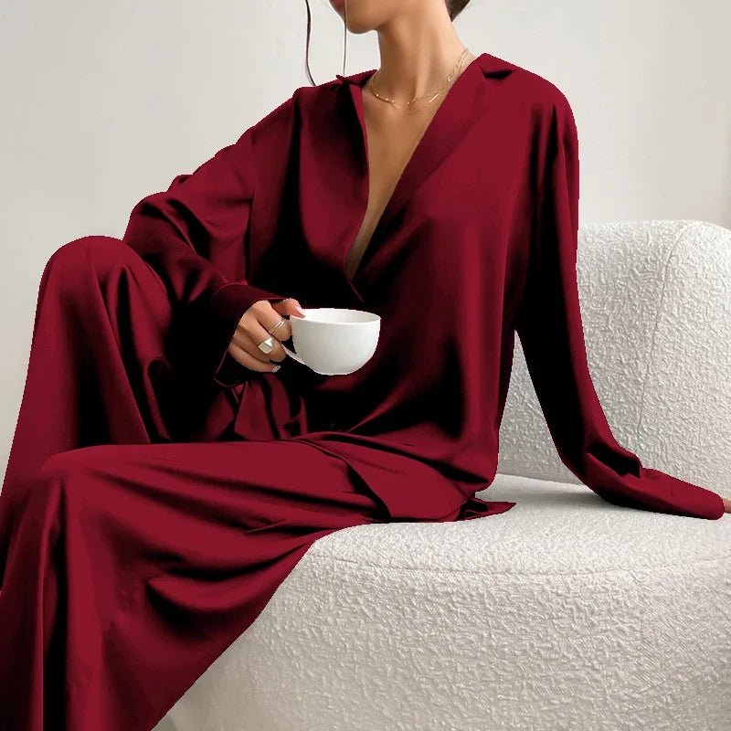 Pajama Set Satin Look Two Piece Long Sleeve Full Length Casual Homewear For Women - SN Wigs & More