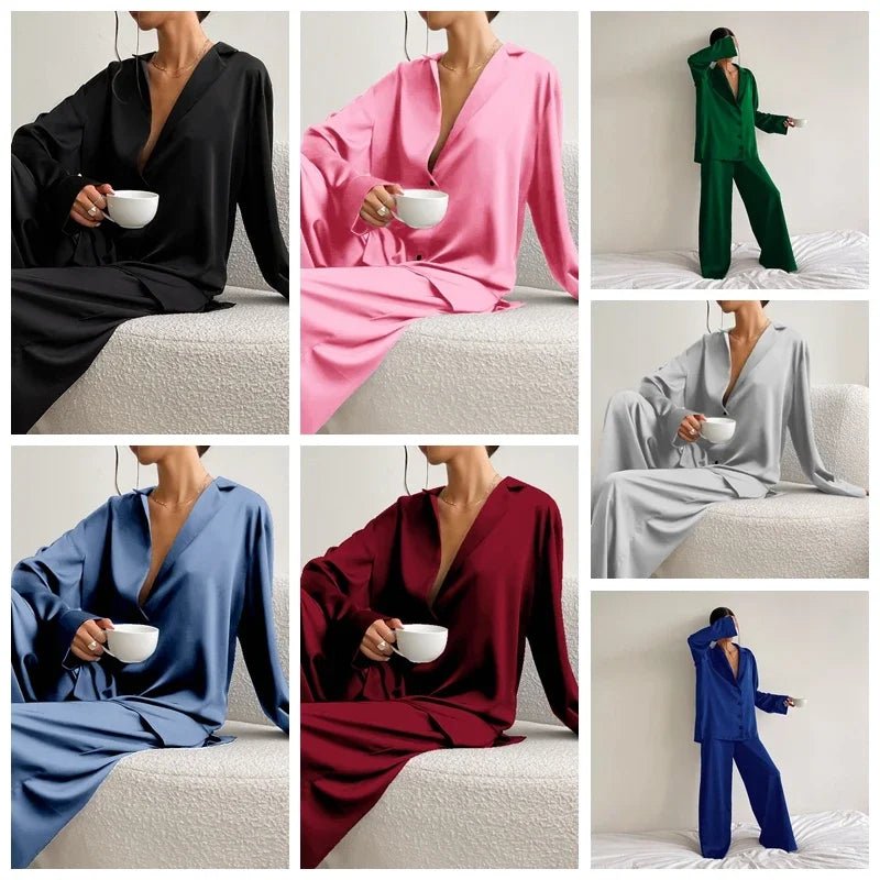 Pajama Set Satin Look Two Piece Long Sleeve Full Length Casual Homewear For Women - SN Wigs & More