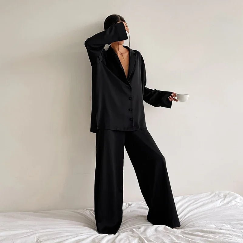 Pajama Set Satin Look Two Piece Long Sleeve Full Length Casual Homewear For Women - SN Wigs & More