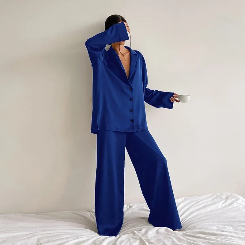 Pajama Set Satin Look Two Piece Long Sleeve Full Length Casual Homewear For Women - SN Wigs & More