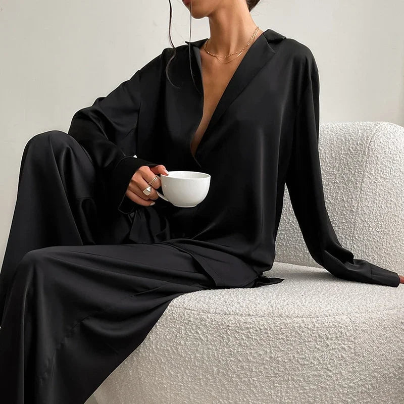 Pajama Set Satin Look Two Piece Long Sleeve Full Length Casual Homewear For Women - SN Wigs & More