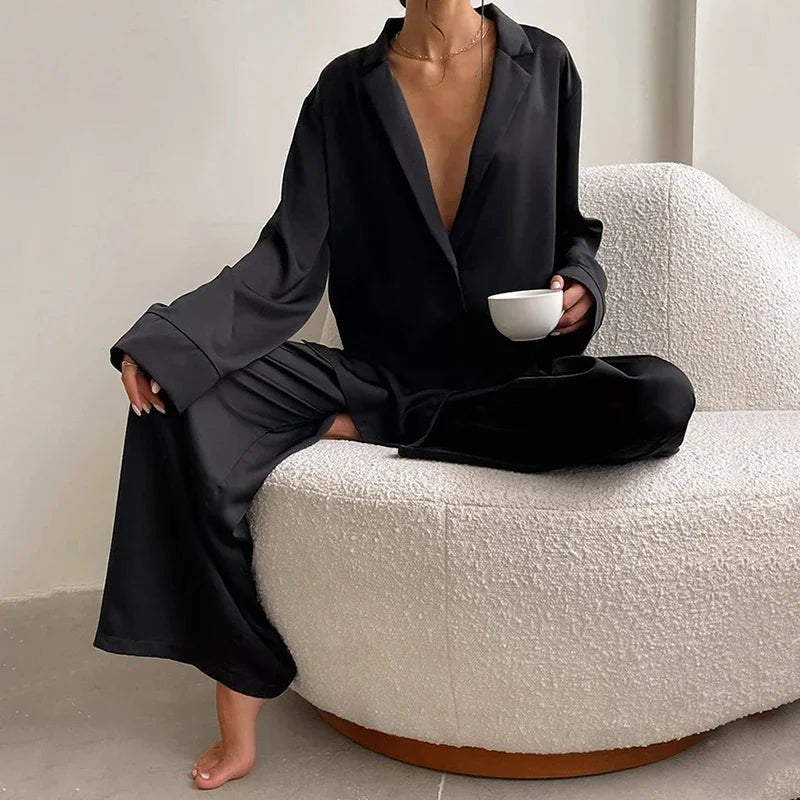 Pajama Set Satin Look Two Piece Long Sleeve Full Length Casual Homewear For Women - SN Wigs & More