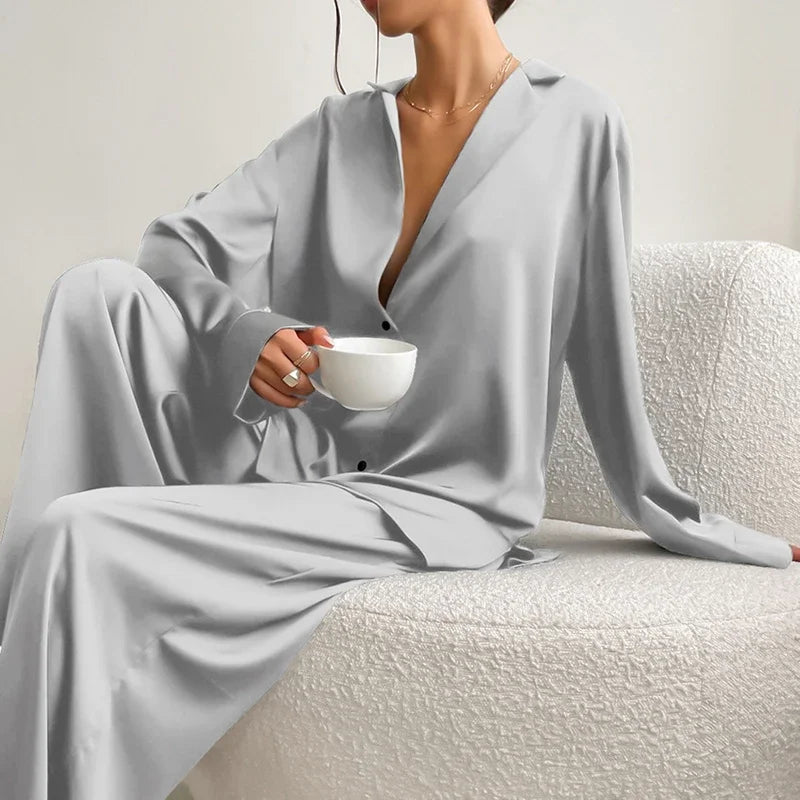 Pajama Set Satin Look Two Piece Long Sleeve Full Length Casual Homewear For Women - SN Wigs & More