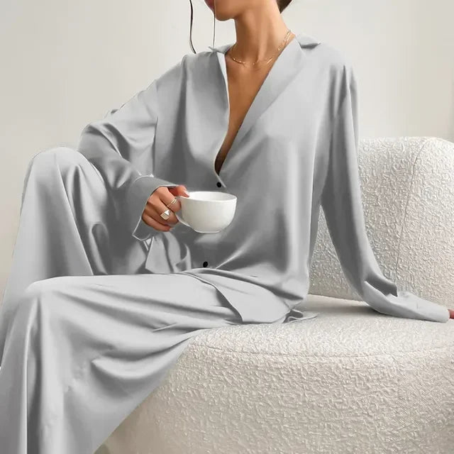 Pajama Set Satin Look Two Piece Long Sleeve Full Length Casual Homewear For Women - SN Wigs & More