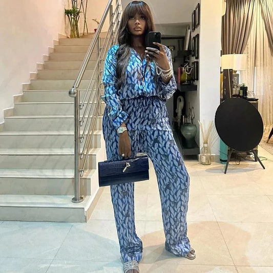 Pant Set Women Two Piece Sets Print Loose Casual Matching Sets Y2k Streetwear Shirt Tops Wide Leg Long Pants High Waist 2025