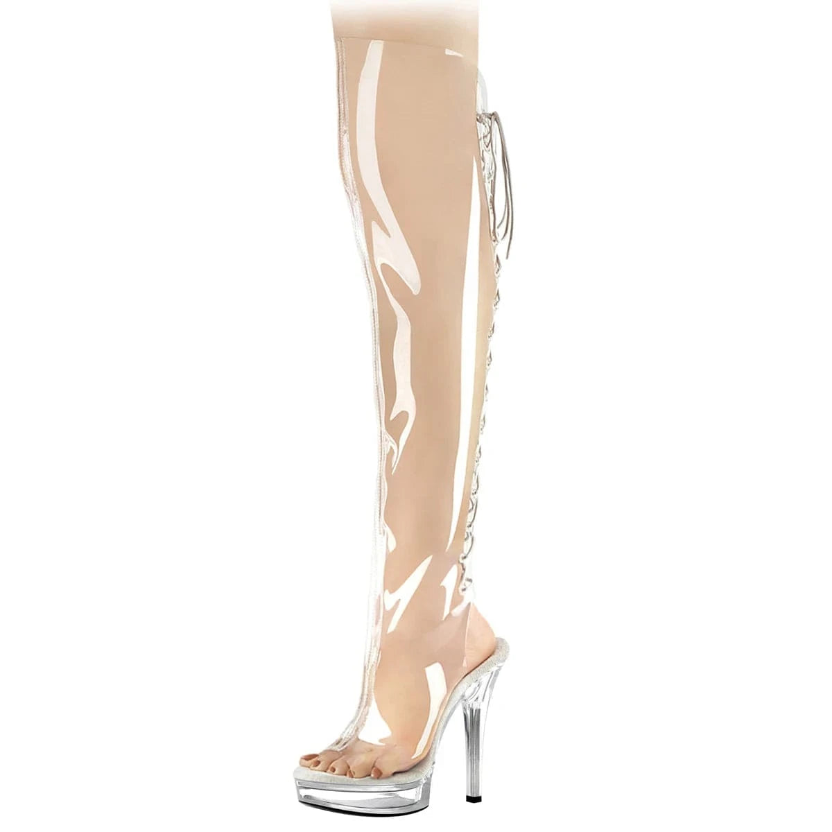 Party 13cm Strip Pole Dance 5Inch Fashion Open Toe Exotic Dancer Nightclub Exotic Dancer Lace Up TransparentOver The Knee Boots