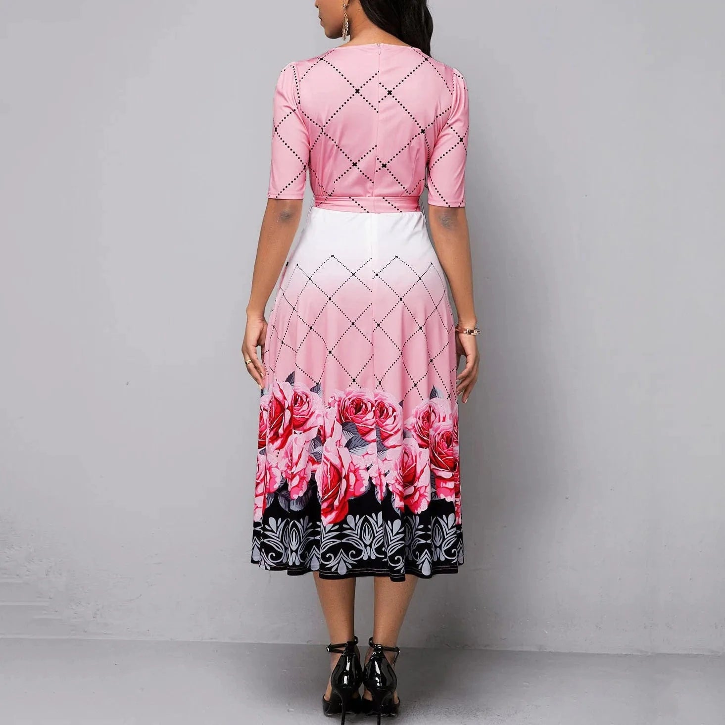 Party Dresses for Women 2023 Flower Print Lace Up Dresses Elegant Pink Round Neck Half Sleeve Long Evening Party Dress