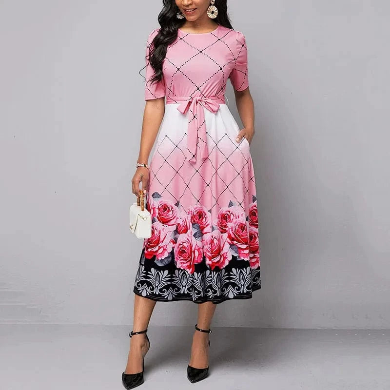 Party Dresses for Women 2023 Flower Print Lace Up Dresses Elegant Pink Round Neck Half Sleeve Long Evening Party Dress
