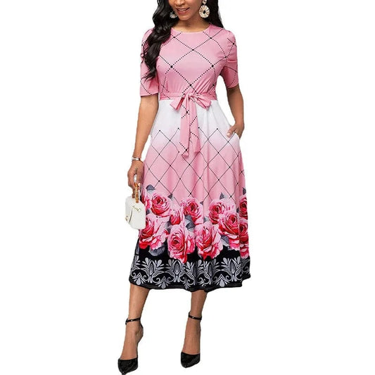 Party Dresses for Women 2023 Flower Print Lace Up Dresses Elegant Pink Round Neck Half Sleeve Long Evening Party Dress