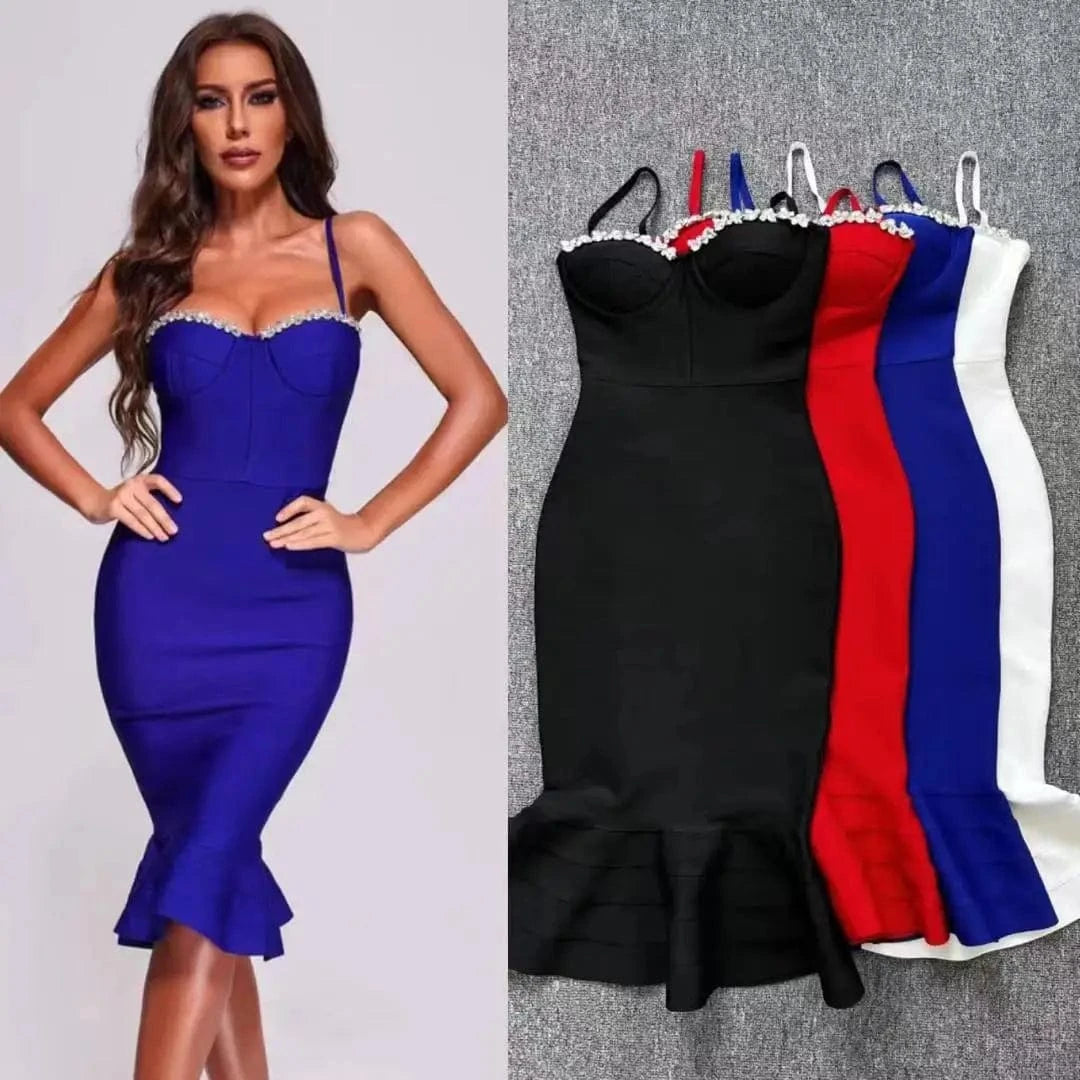 Party Wear Crystal Dresses Rhinestone Stretch Bandage Fish Tail Dress for Women
