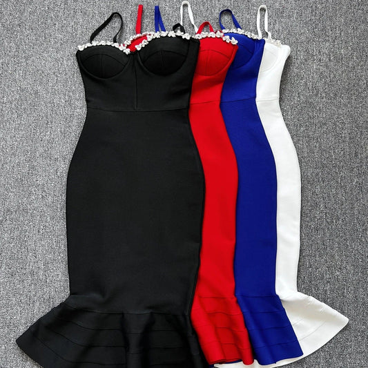 Party Wear Crystal Dresses Rhinestone Stretch Bandage Fish Tail Dress for Women