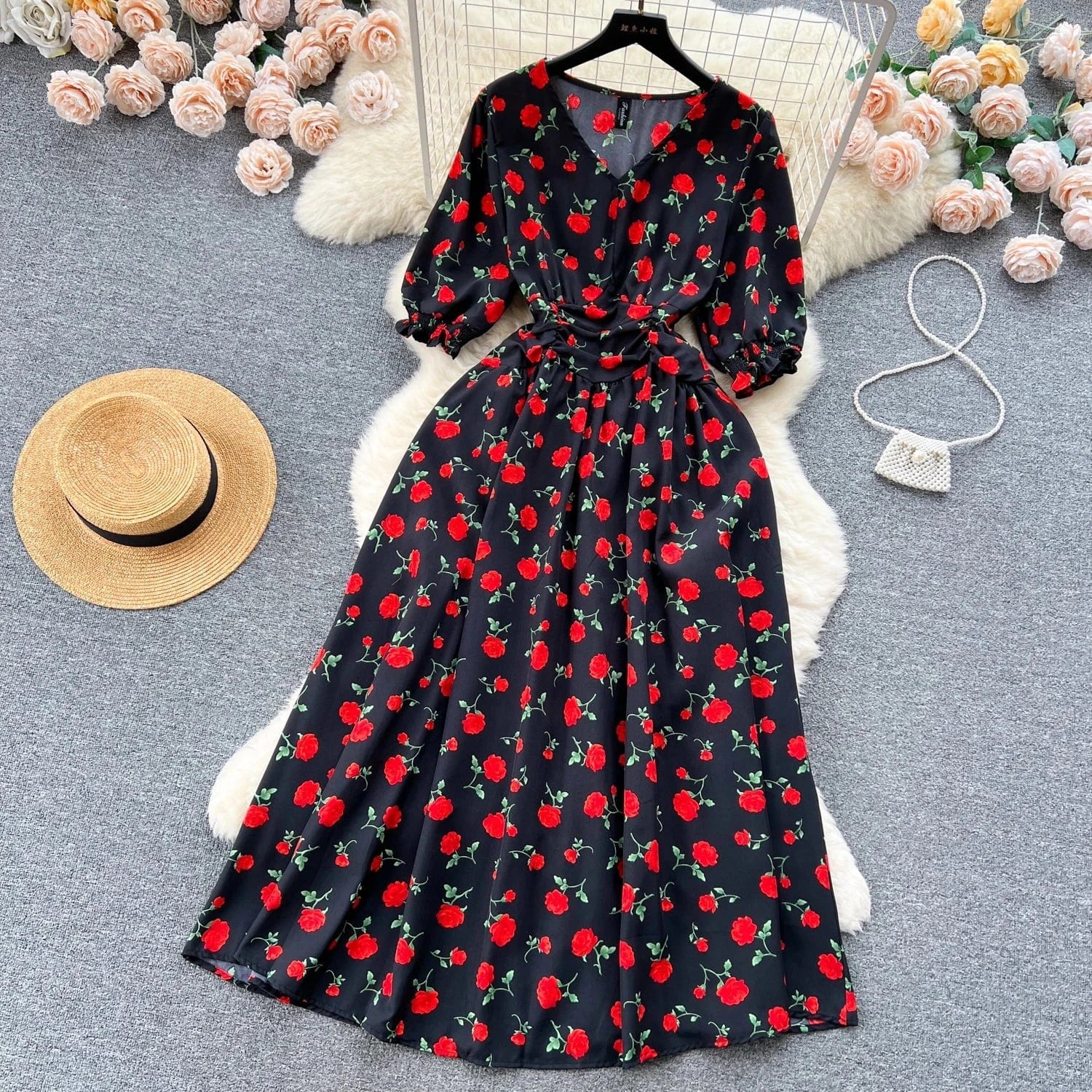 Pastoral French Fragmented Flower Bubble Sleeves Dress for Women Slim Waist Beach Vacation Dress