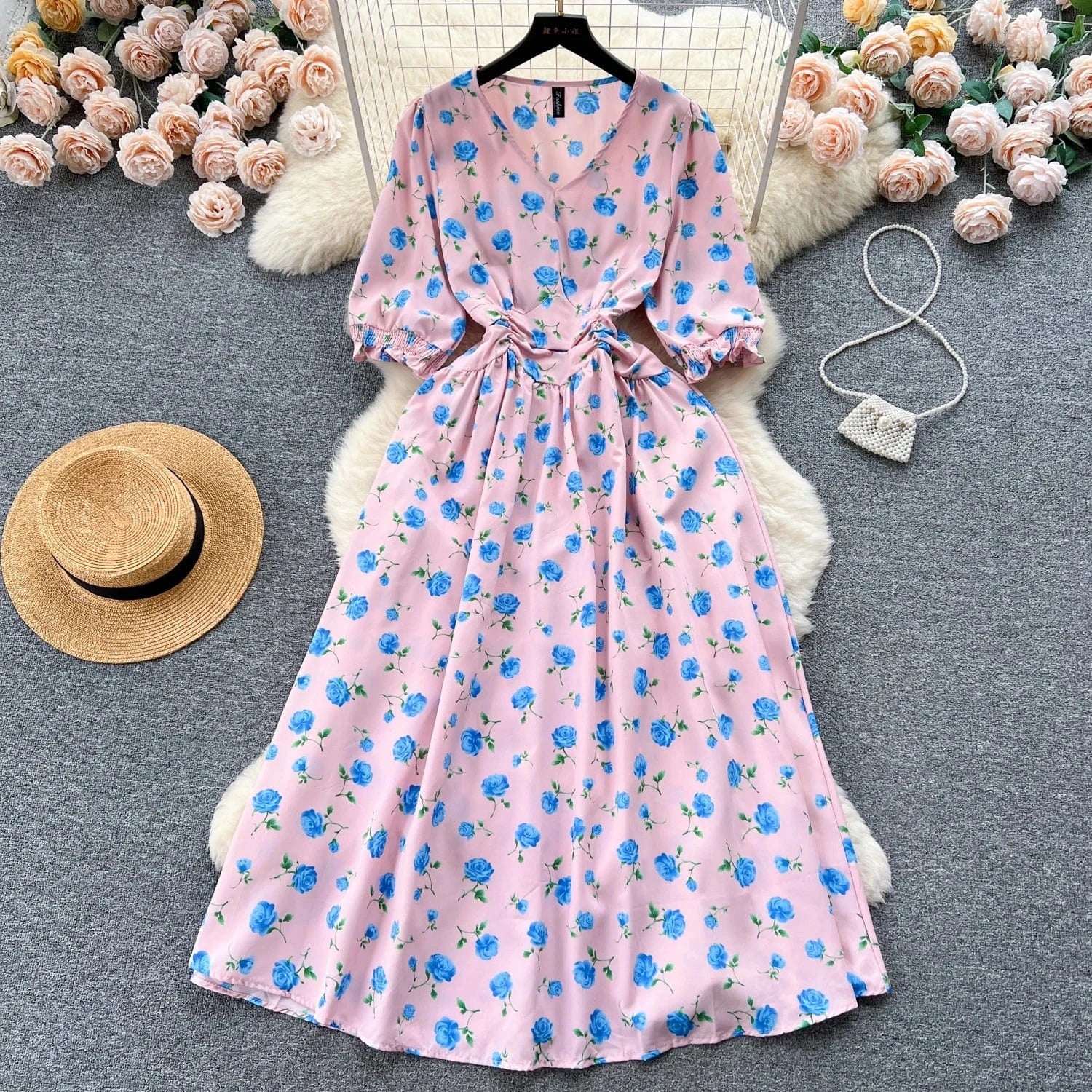 Pastoral French Fragmented Flower Bubble Sleeves Dress for Women Slim Waist Beach Vacation Dress