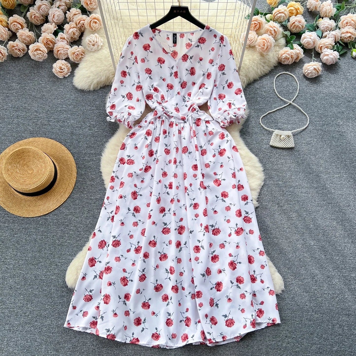 Pastoral French Fragmented Flower Bubble Sleeves Dress for Women Slim Waist Beach Vacation Dress