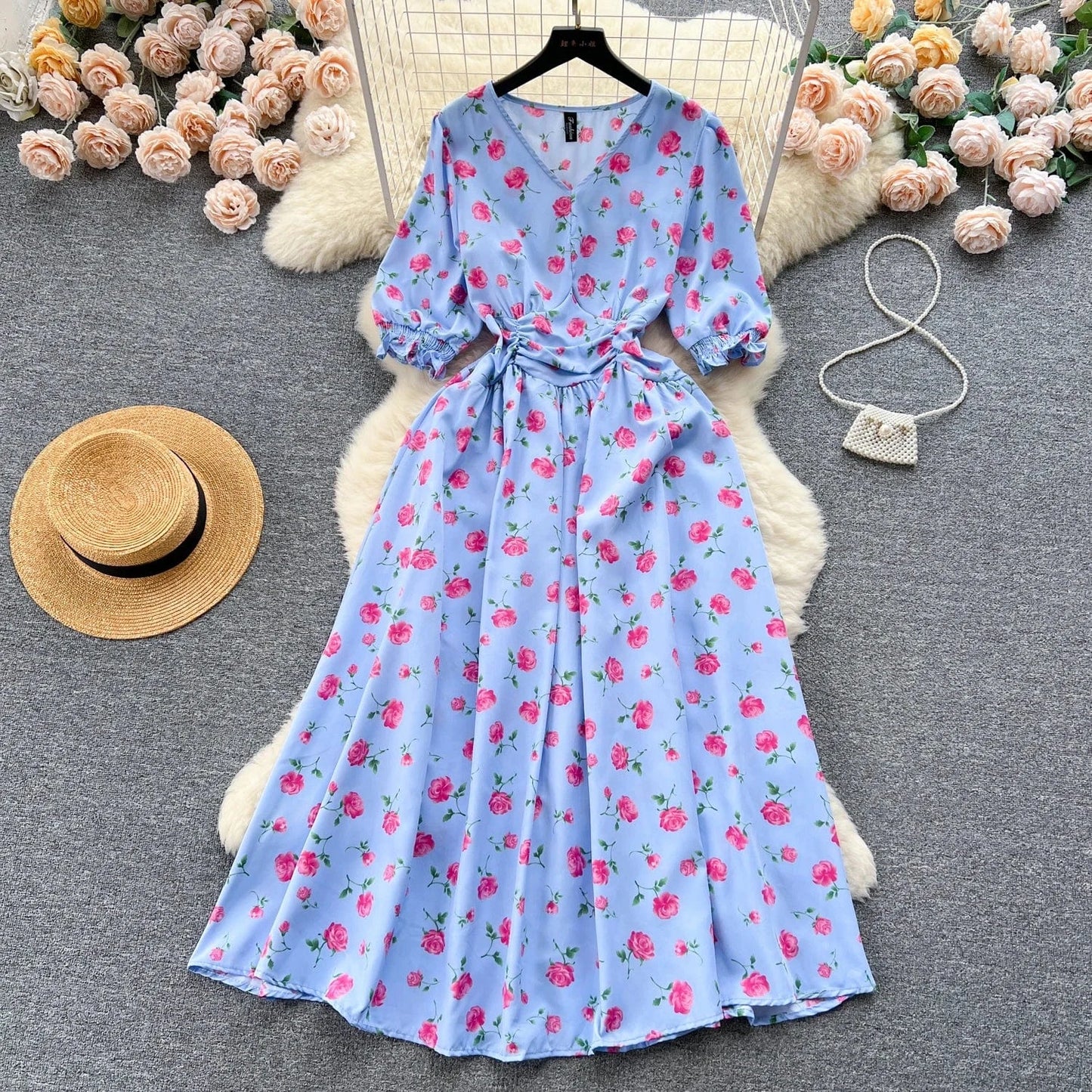 Pastoral French Fragmented Flower Bubble Sleeves Dress for Women Slim Waist Beach Vacation Dress