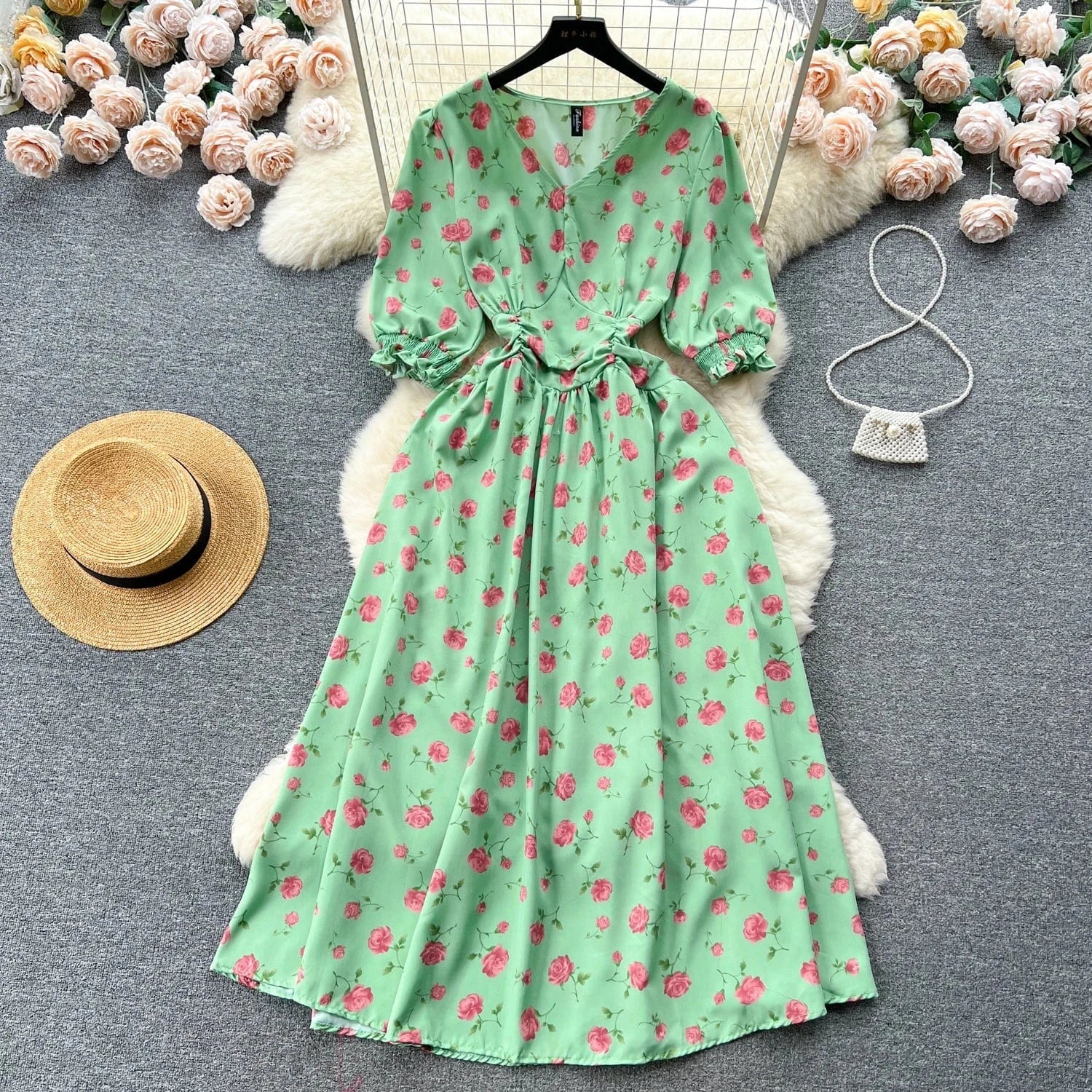 Pastoral French Fragmented Flower Bubble Sleeves Dress for Women Slim Waist Beach Vacation Dress