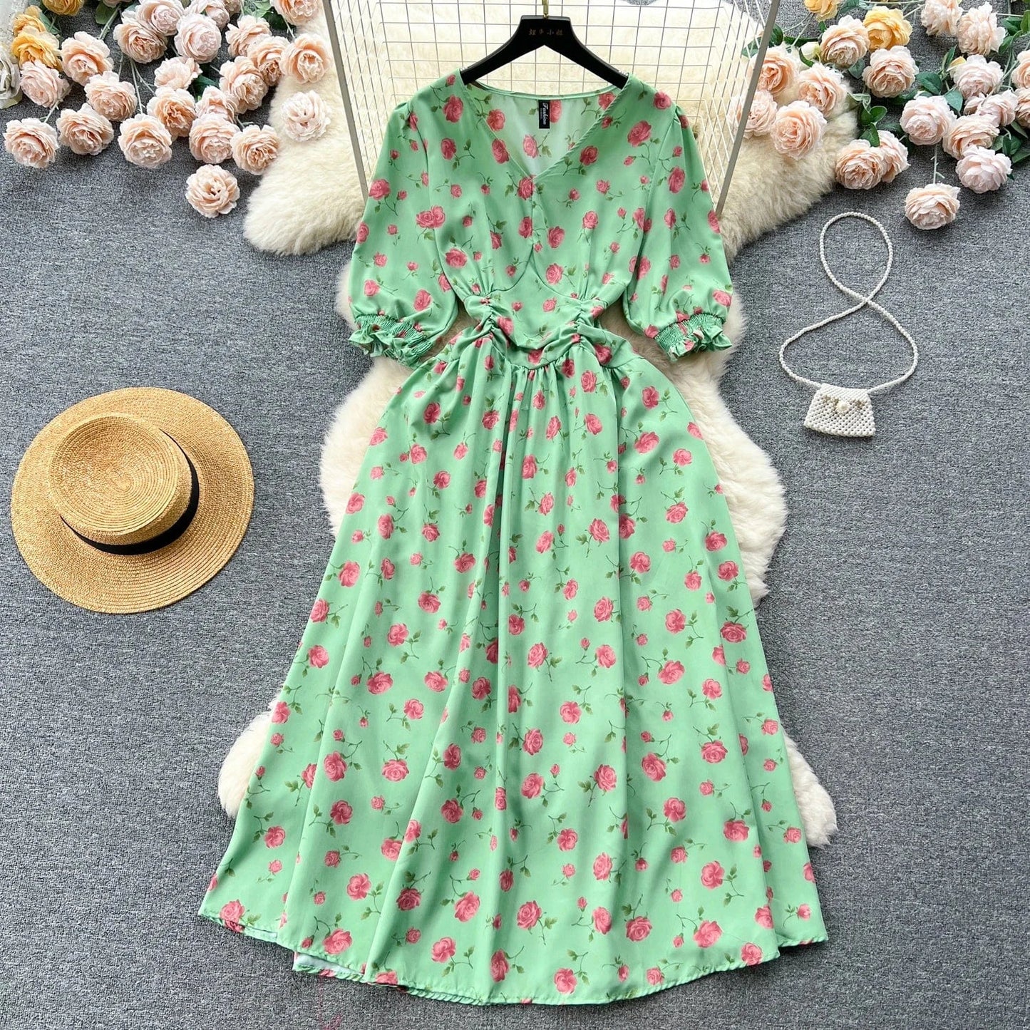 Pastoral French Fragmented Flower Bubble Sleeves Dress for Women Slim Waist Beach Vacation Dress
