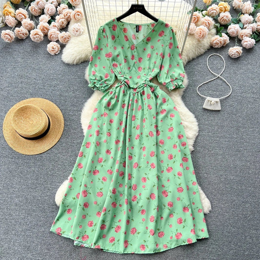 Pastoral French Fragmented Flower Bubble Sleeves Dress for Women Slim Waist Beach Vacation Dress