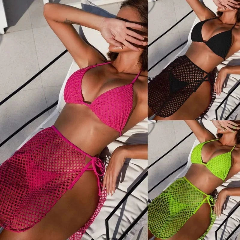 PASUXI 2024 New Custom Women Sexy Swimsuit Beach Wear 3 Piece Swimwear Set Mesh Skirt Cover Up String Bikini Swimsuit