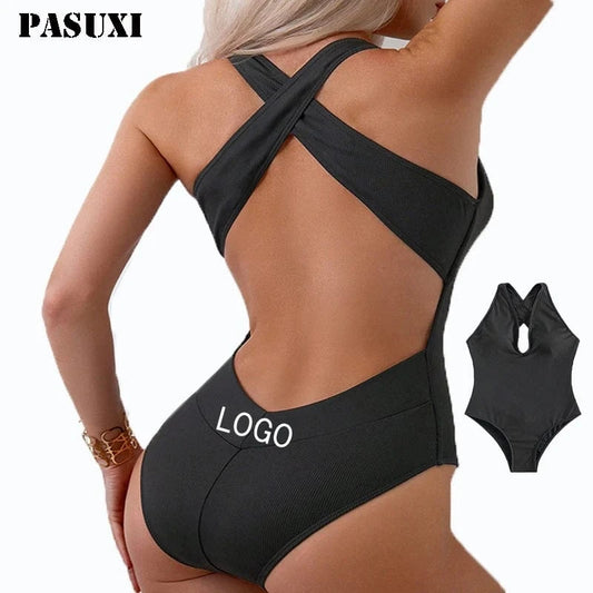 PASUXI New 2024 Custom Swimwear Open Back Sexy Bikini Female Girl Sexy Casual Swimsuit Solid Beachwear One Piece Swimsuit