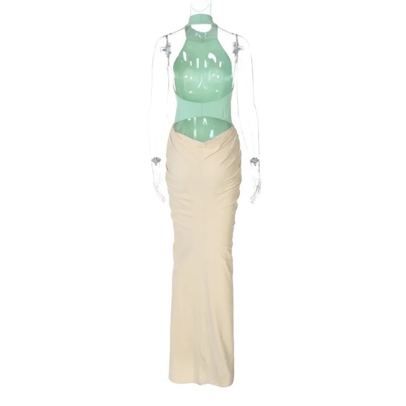 Patchwork Halter Maxi Dress Backless For Dinner And Evening Events Elegant Style - SN Wigs & More