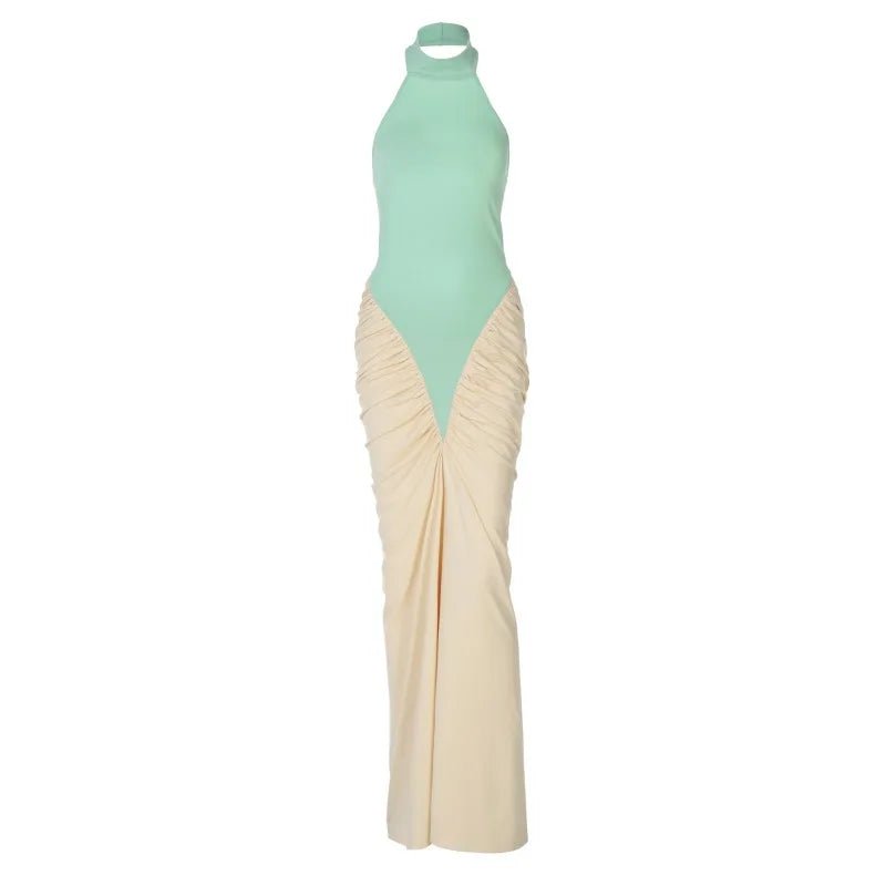 Patchwork Halter Maxi Dress Backless For Dinner And Evening Events Elegant Style - SN Wigs & More