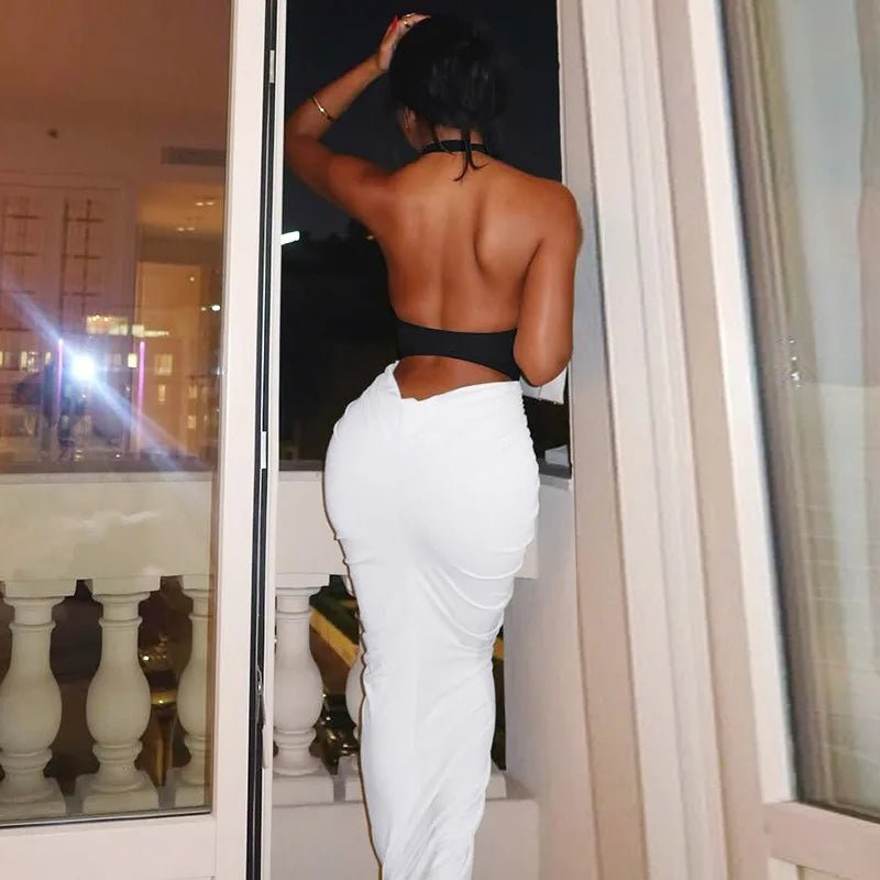 Patchwork Halter Maxi Dress Backless For Dinner And Evening Events Elegant Style - SN Wigs & More