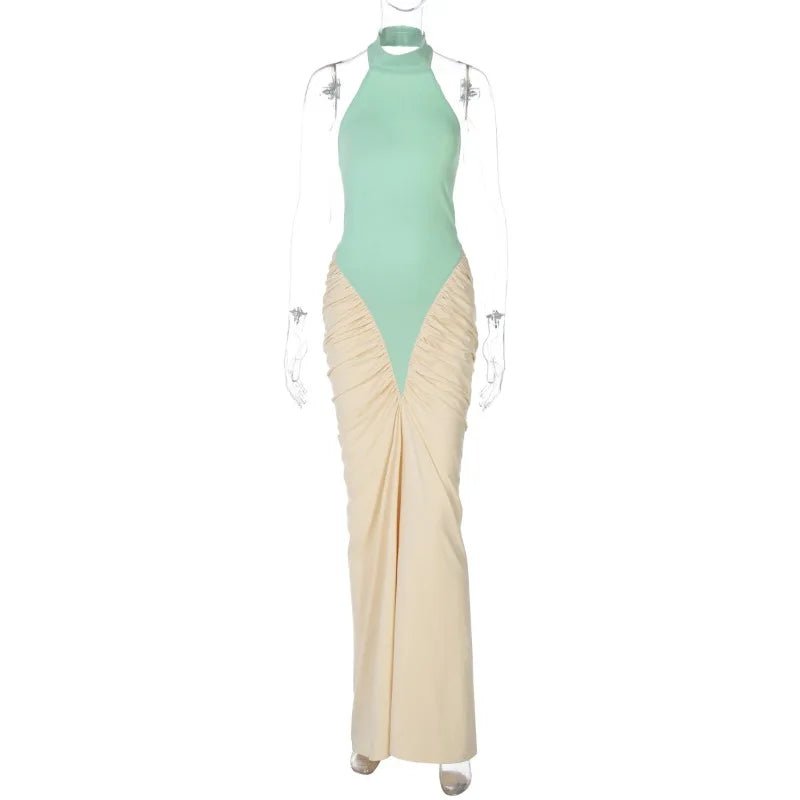 Patchwork Halter Maxi Dress Backless For Dinner And Evening Events Elegant Style - SN Wigs & More