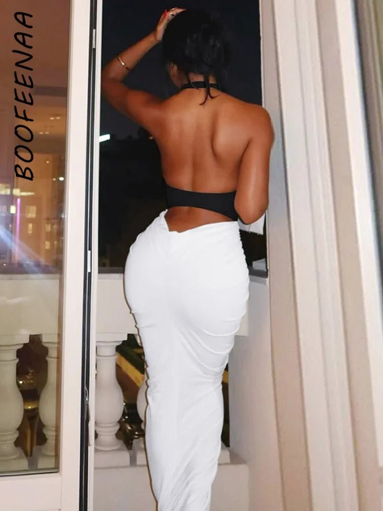 Patchwork Halter Maxi Dress Backless For Dinner And Evening Events Elegant Style - SN Wigs & More