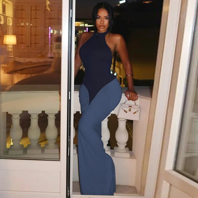Patchwork Halter Maxi Dress Backless For Dinner And Evening Events Elegant Style - SN Wigs & More