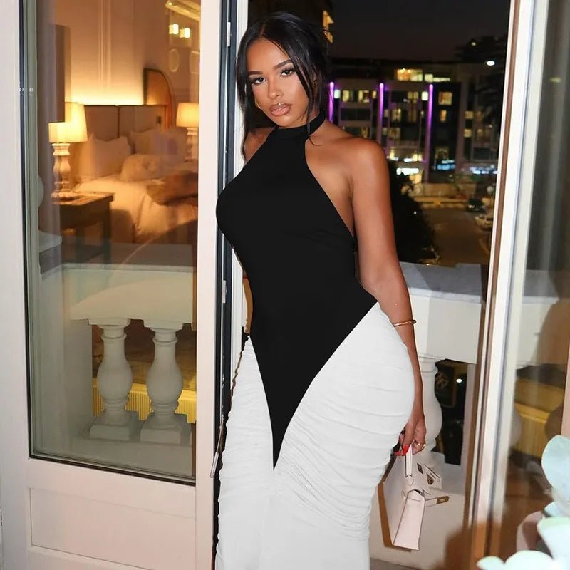 Patchwork Halter Maxi Dress Backless For Dinner And Evening Events Elegant Style - SN Wigs & More