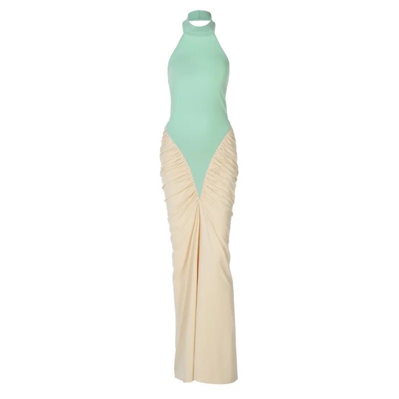 Patchwork Halter Maxi Dress Backless For Dinner And Evening Events Elegant Style - SN Wigs & More