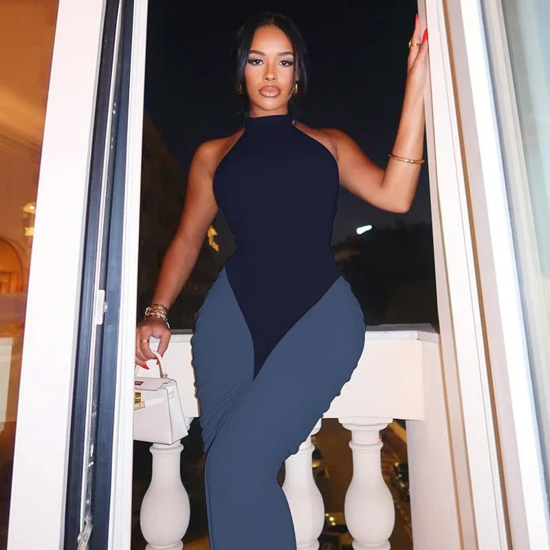 Patchwork Halter Maxi Dress Backless For Dinner And Evening Events Elegant Style - SN Wigs & More