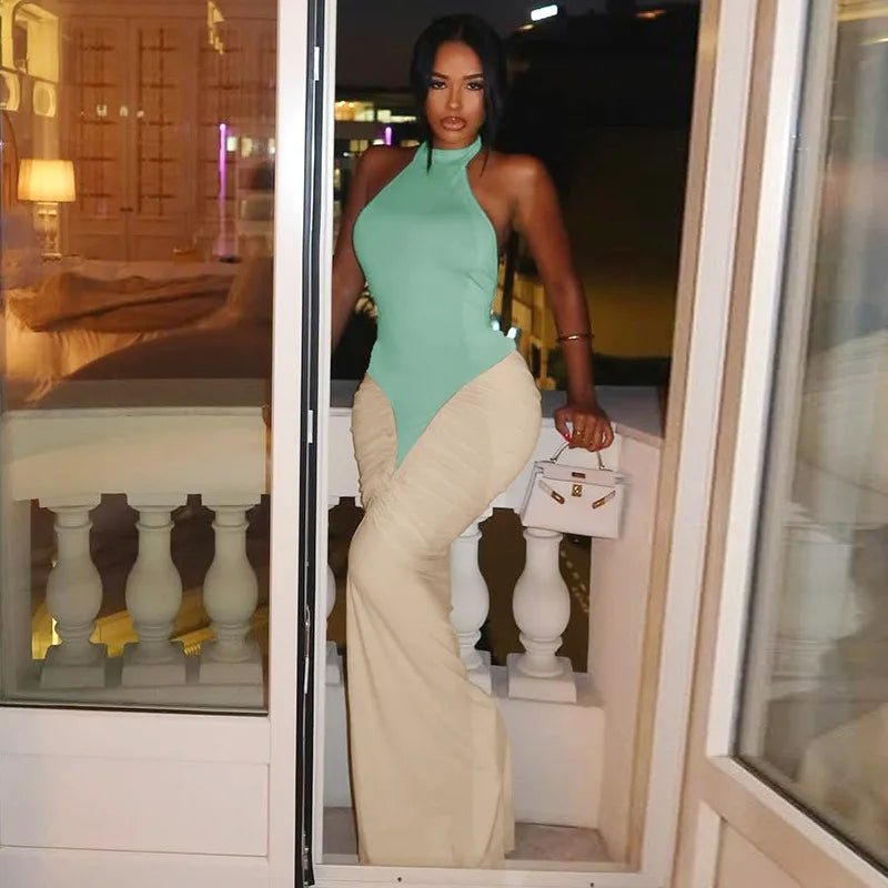 Patchwork Halter Maxi Dress Backless For Dinner And Evening Events Elegant Style - SN Wigs & More