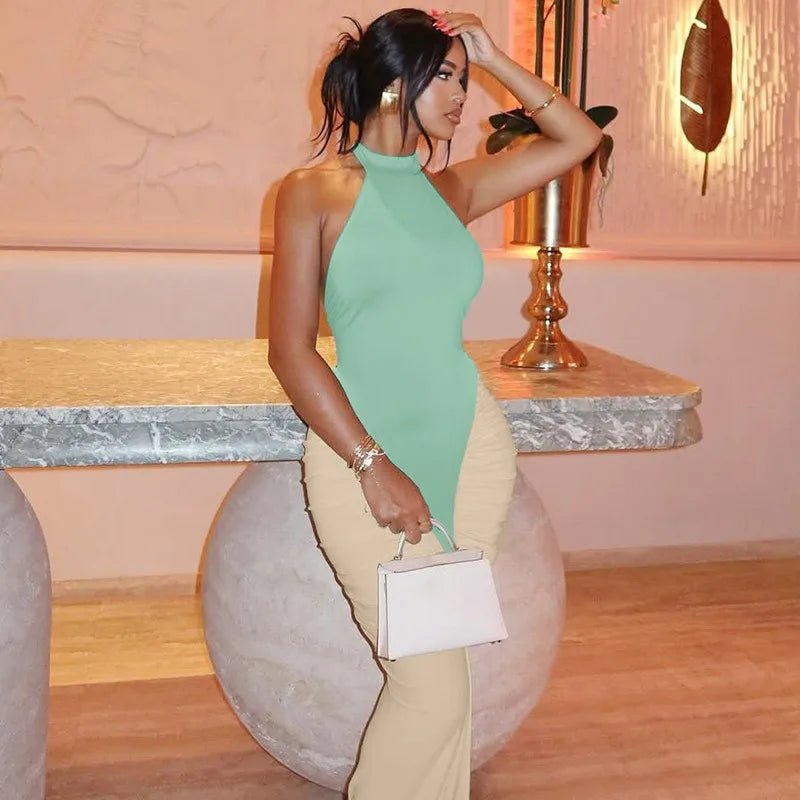 Patchwork Halter Maxi Dress Backless For Dinner And Evening Events Elegant Style - SN Wigs & More