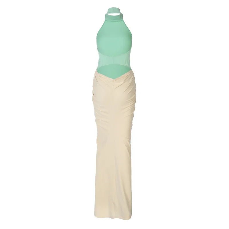 Patchwork Halter Maxi Dress Backless For Dinner And Evening Events Elegant Style - SN Wigs & More