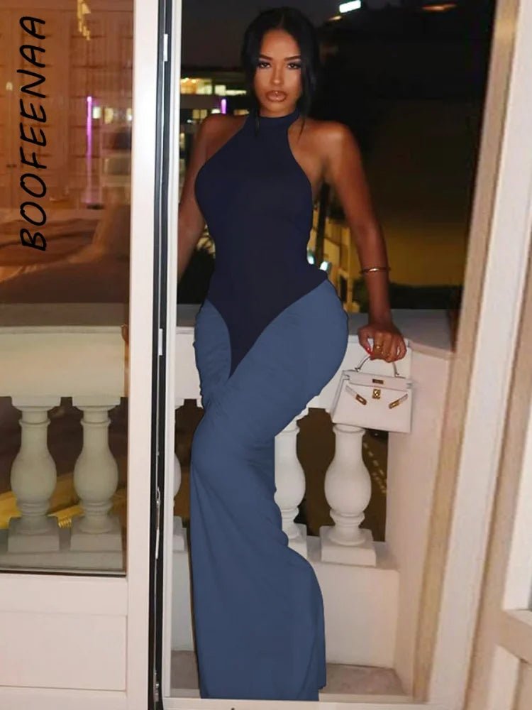 Patchwork Halter Maxi Dress Backless For Dinner And Evening Events Elegant Style - SN Wigs & More