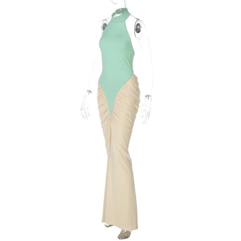 Patchwork Halter Maxi Dress Backless For Dinner And Evening Events Elegant Style - SN Wigs & More
