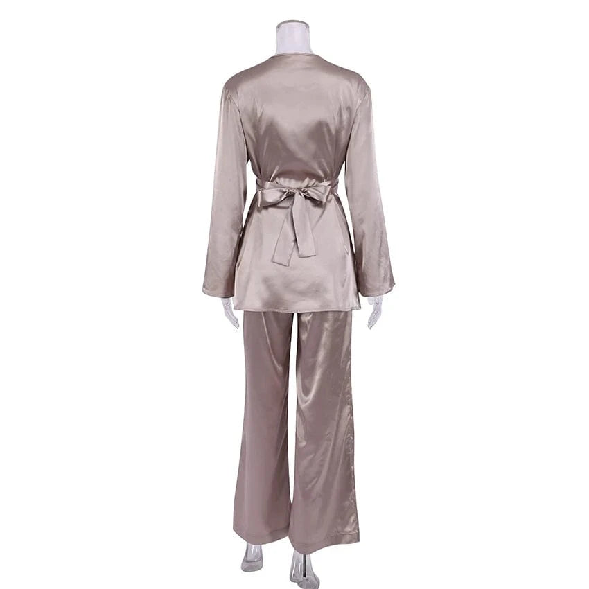 Patchwork Trouser Suits Long Sleeves Satin Pajamas For Women Pajamas Set With Pants V Neck Split Sleepwear Home Suit 2024