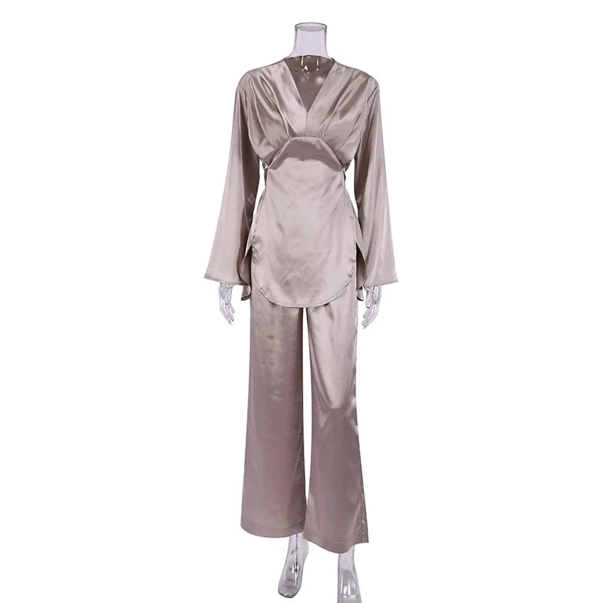Patchwork Trouser Suits Long Sleeves Satin Pajamas For Women Pajamas Set With Pants V Neck Split Sleepwear Home Suit 2024