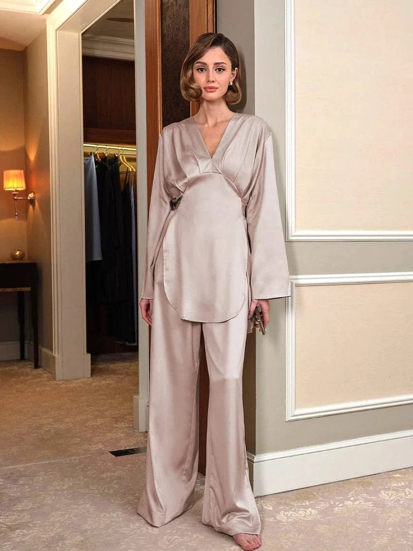 Patchwork Trouser Suits Long Sleeves Satin Pajamas For Women Pajamas Set With Pants V Neck Split Sleepwear Home Suit 2024