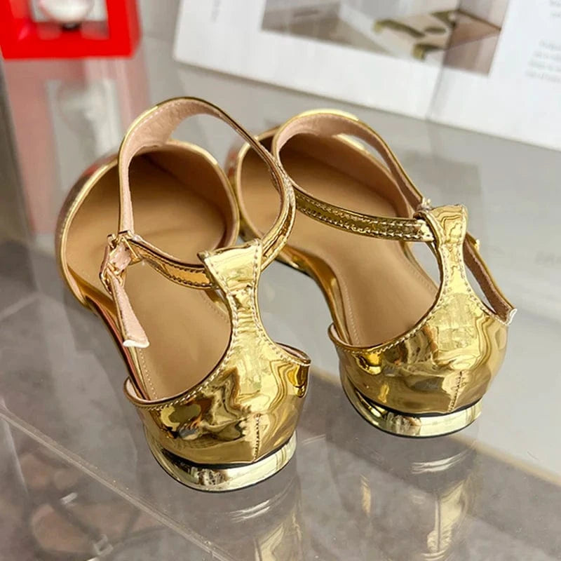 Patent Leather Fashion Women Strange Style Gold pointed T-Strap Hollow Sandals Low Heel Buckle Pumps NEW 2023 Summer Lady Shoes