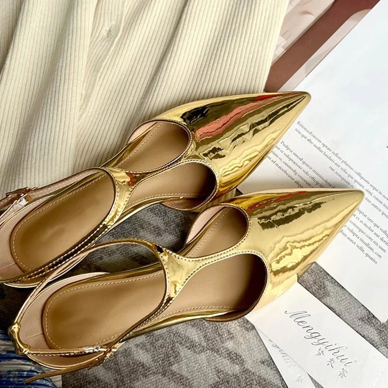 Patent Leather Fashion Women Strange Style Gold pointed T-Strap Hollow Sandals Low Heel Buckle Pumps NEW 2023 Summer Lady Shoes